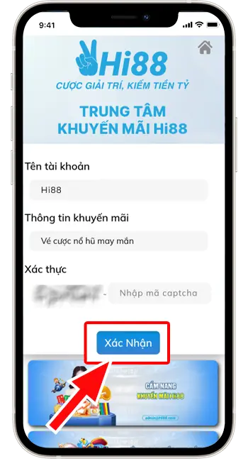 Bước 4: Nhập " Tên tài khoản" → Chọn mã khuyến mãi "SL02 - vé cược nổ hũ may mắn" → Nhập mã xác thực.